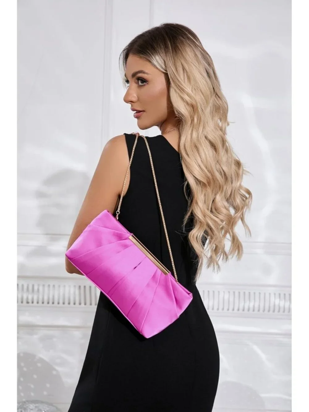 👜Women's Hot Pink Pleated Satin Elegant Evening Clutch Formal Wedding Purse